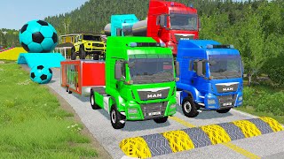 Double Flatbed Trailer Truck vs Speedbumps Train vs Cars  Tractor vs Train BeamngDrive 058 [upl. by Freytag]