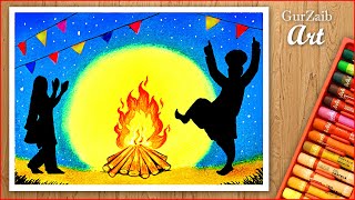 How to draw Lohri celebrations drawing  Indian festival scenery with oil pastels [upl. by Aihpled]