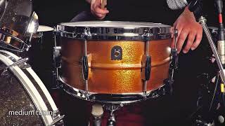 14quot x 65quot Brass Patina Snare Drum low  mid  high tuning [upl. by Stubstad]