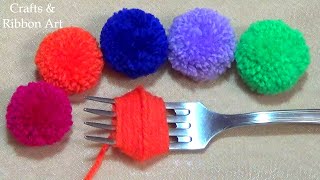 Super Easy Pom Pom Making Ideas with Fork  Hand Embroidery Amazing Trick Easy Woolen Flower Making [upl. by Lebaron]