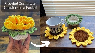 EASY Crochet Sunflower Coasters in a Basket  Crochet Sunflower Coasters [upl. by Yetak]