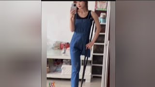 The beautiful amputee woman challenges the disability with one leg and one crutch amputado [upl. by Ienttirb]