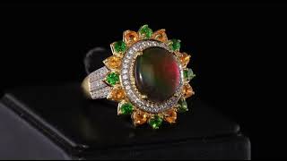 Ammolite Chrome Diopside Fire Opal amp Zircon Cluster Ring in 18K Yellow Gold over Sterling Silver [upl. by Aubin942]