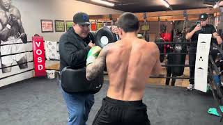 Oscar Valdez Mitts amp Punch Shield Workout with Eddy Reynoso ahead of Emanuel Navarrete Rematch [upl. by Jonis675]