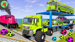 Double Flatbed Trailer Truck vs Speedbumps Train vs Cars  Tractor vs Train BeamngDrive [upl. by Finkelstein623]