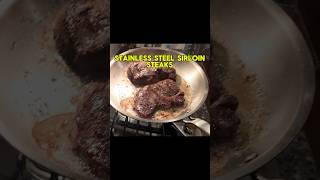 Sirloin steaks cooked on stainless steel [upl. by Arahsak]