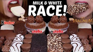 ASMR MILK amp WHITE CHOCOLATE RACE NUTELLA FERRERO CAKE MAGNUM ICE CREAM ZEBRA CAKE OREO REESES [upl. by Grimonia]