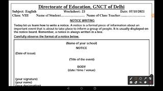 DOE Worksheet No 23 ॥ Class 8 ॥ 07102021 ॥ English ॥ Notice Writing [upl. by Nylicaj310]