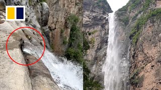 Tourist discovers waterfall in China supplied through pipes [upl. by Corb]