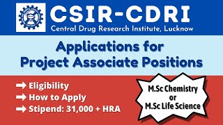 CSIR CDRI Apply for Project Assistant amp Project Associate  MSc Chemistry  Stipend 31000  HRA [upl. by Ahtaela129]