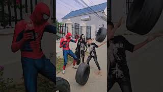 What is the challenge of loading car tires while drinking Cocacola spiderman death cosplay [upl. by Anetsirhc]