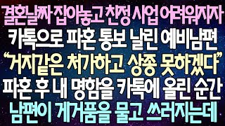 반전 사연 결혼날짜 잡아놓고 친정 사업 어려워지자 카톡으로 파혼 통보 날린 예비남편 파혼 후 내 명함을 카톡에 올린 순간 남편이 게거품을 물고 쓰러지는데사이다사연라디오드라마 [upl. by Arraes270]