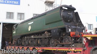 34070 quotManstonquot emerges from Herston Works  Swanage Railway 02112022 [upl. by Ahsiuqat]