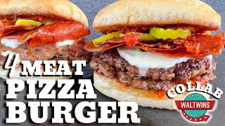 4 Meat Pizza Burger on the Griddle  Collab with the Waltwins [upl. by Edita]