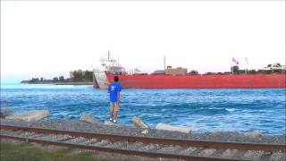 Three lake freighters under the Blue Water Bridge Port Huron Michigan [upl. by Ahsikram]