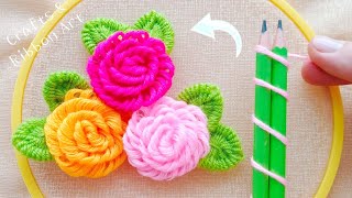 Superb Woolen Rose Making Idea with Pencil  Hand Embroidery Amazing Trick  DIY Woolen Flowers [upl. by Dugas]