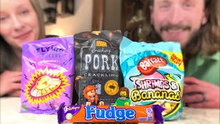 Americans Trying Pork Crackling Flying Saucers Cadbury Fudge and Shrimps amp Bananas from the UK [upl. by Palm975]