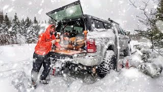 Camping In Snow Storm With Wood Stove Heated Truck Camper [upl. by Ahsinna515]