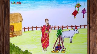 Pongal Drawing  Pongal Festival Drawing  Mattu Pongal Drawing  Pongal Pot Drawing [upl. by Anibur]