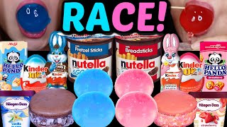 ASMR BLUE VS PINK DESSERT RACE NUTELLA CUPS BIG BOBA JELLY BALLS KINDER JOY EGG ICE CREAM CUP 먹방 [upl. by Nivej]