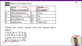 Match List I with List IIList ITypes of stamens List IIExampleA Monoadelphous I CitrusB [upl. by Kress]