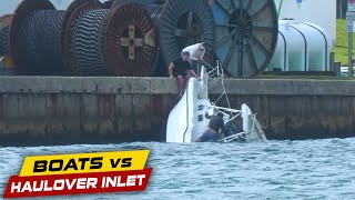 BOAT SINKING INSIDE THE INLET CAPTAIN HANGS ON  Boats vs Haulover Inlet [upl. by Netsriik130]