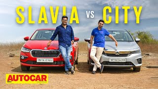 2022 Skoda Slavia vs Honda City  The automatic choice  Comparison  Autocar India [upl. by Amilah]