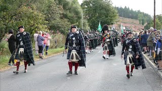 Lonach Highlanders start their 2023 march through Strathdon in Scotland during the Lonach Gathering [upl. by Yregram172]