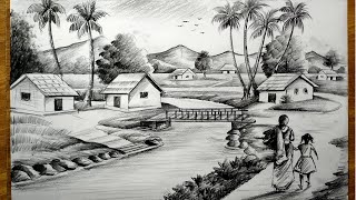 how to draw easy pencil sketch scenerylandscape pahar and river side scenery drawingpencil drawing [upl. by Ahsinom]