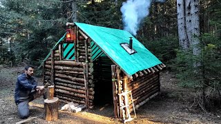 Building a Complete and Warm Survival Shelter  Off Grid Log Cabin [upl. by Anelas]