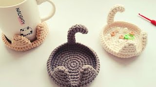 Super easy crochet cat coaster pattern for beginners  Tutorial crochet cat coaster [upl. by Ait]