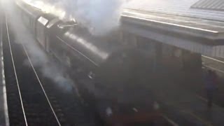 UK LMS 6201 Princess Elizabeth dramatically bursts out of early morning fog at Tilehurst station [upl. by Kolva]