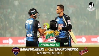 Chittagong Vikings vs Rangpur Riders Highlights  30th Match  Edition 6  BPL 2019 [upl. by Nnaeirrac]