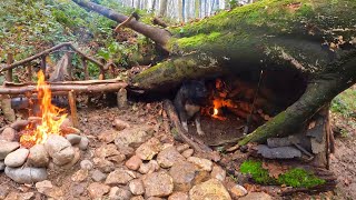 Bushcraft SURVIVAL Shelter Winter CAMPING in Rain THUNDER Outdoor Cooking Wild Camp [upl. by Ttenyl265]