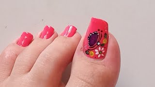 DECORACIÓN DE UÑAS ROSAS Y MORIPOSA  DISEÑO DE UÑAS PARA PIES😍♥️ [upl. by Hedva]