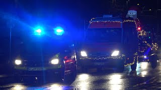 HLF with US Siren Christmas firetrucks parade in MainzKostheim [upl. by Yeslaehc]