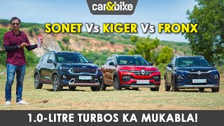 Maruti Suzuki Fronx vs Kia Sonet vs Renault Kiger Kaunsa 1litre Turbo Hai Best  Comparison [upl. by Bonnibelle]