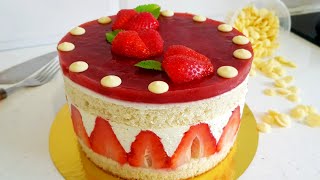 Fraisier Cake with Strawberries and Cream Mousseline  How to make a cake [upl. by Donetta]