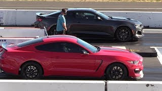 2018 ZL1 vs Shelby GT350 Stock vs Stock Street tires 14 mile drag race [upl. by Condon]