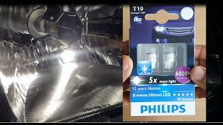 Philips Xtreme Ultinon T10 LED bulb Brightness vs Halogen T10 bulb [upl. by Schnabel]