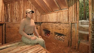 Building Underground Warm Log Cabin Bushcraft Shelter For The Winter Clay Fireplace [upl. by Frisse]