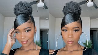 HIGH BUN W SIDE SWOOP BANG AND CURL  NO HEAT  NATURAL HAIR [upl. by Gustaf364]