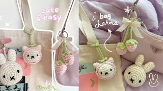 how to crochet cute bag charmskeychains  miffy cat amp strawberries stepbystep tutorial [upl. by Pinkerton]