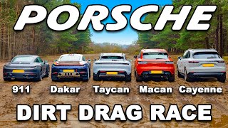 Porsche 911 Dakar v Taycan v 911 GTS v Macan v Cayenne OFFROAD DRAG RACE [upl. by Mukund]