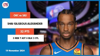 SHAI GILGEOUSALEXANDER 32 PTS vs SAS 19 Nov 2425 OKC Highlights [upl. by Ynnub]