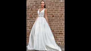 ALinePrincess Satin Vneck Beading Sleeveless Court Train Wedding Dresses  HEBEOS [upl. by Eimilb241]