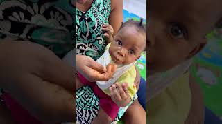 I gave star boy eba and okro soup for his lunch as he turns 6 months [upl. by Enixam]