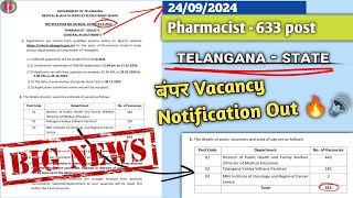 Telangana Pharmacist Recruitment 2024  Teleanga pharmacist vacancies Notification out  633 Post [upl. by Amlas]