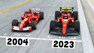 Ferrari F1 2023 vs Ferrari F1 2004 Schumacher  Imola GP [upl. by Rodavlas]