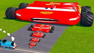 Big amp Small Wide Lightning McQueen Monster Truck VS Thomas The Tank Engine Trains  BeamNGDrive [upl. by Lytle207]